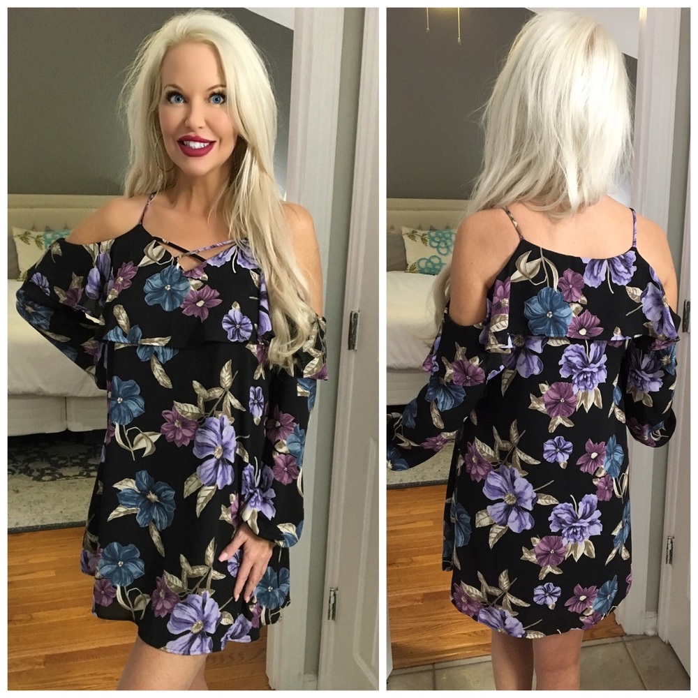 LAST 1! 💕Pretty Black/Lilac Dress w/Cold Shoulder - Picture 3 of 3